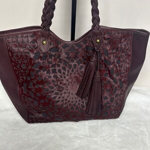 Isabella Fiore Burgundy Tote with Braided Handles and Floral Embossing